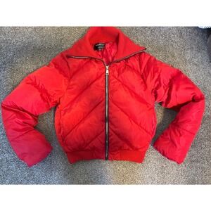 Mila & Tiff Puffer Jacket Womens Small Red Excellent Quilted Chevron Funnel Neck